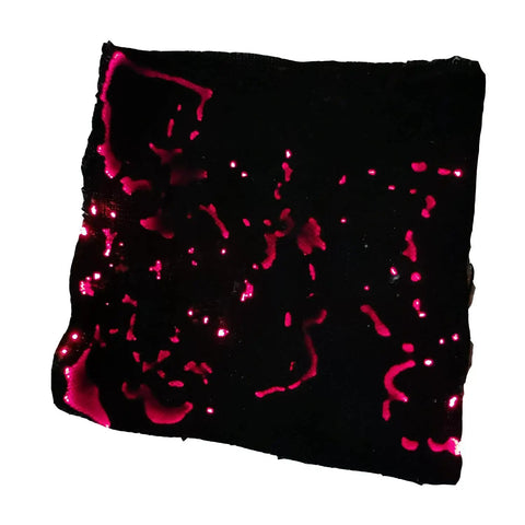 Close-up of glowing ember on char cloth, Emergency Fire Starter Kit With Char Cloth, Ultra Lightweight 12 Pack, Each 4x4 Inch Piece Cuttable.