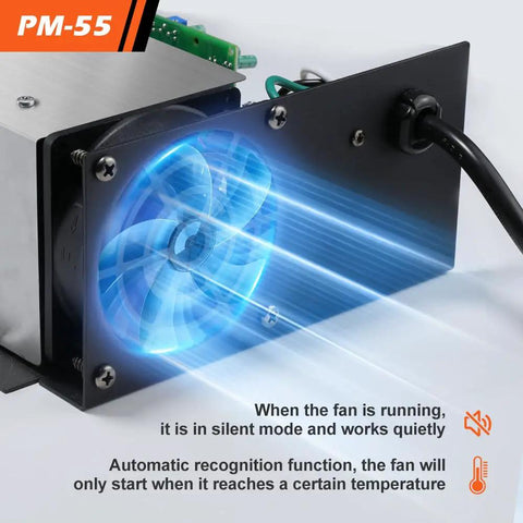 Bad Boy 55 Amp RV Power Converter with fan showing silent operation and automatic recognition for temperature control.