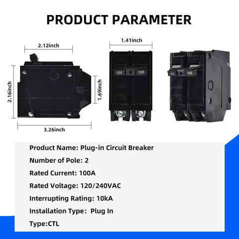 100 Amp Two Pole Circuit Breaker For 120 And 240 Volt AC Systems With Plug In Mount 10KA Interrupting Rating Durable DIY Friendly