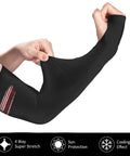Performance Cooling Arm Sleeves Provide Heavy Duty Sun Defense And Uv Guard Ice Silk shown being stretched for flexibility.