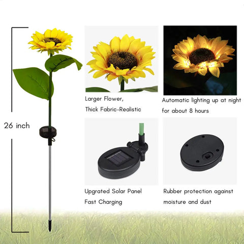 Sunflower Solar Garden Stake Lights Set Of 2 For Outdoor Decor 26 Inch Garden Path Yard Accent Stakes with solar panel and flower detail.