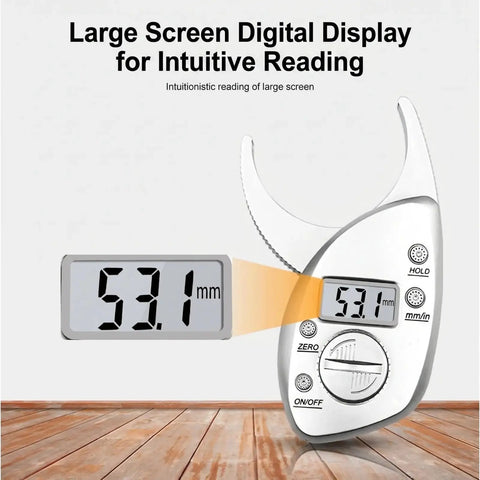Digital Fat Caliper with Nonslip Grip, ABS, 50mm Ranging, Red showing large screen display reading 53.1mm.