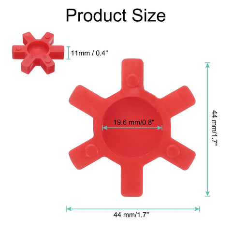 Front view of red Uxcell L075 jaw coupling insert, urethane, six-arm star shape; 44 mm outer diameter, 19.6 mm bore.