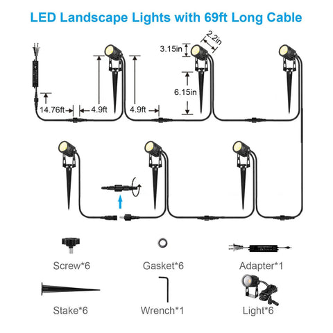 Diagram of 6 Pack Outdoor Landscape Lighting Kit with 69 ft cable showing connection details and components including uplights and accessories.