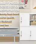 Packaging of 24.4 Inch High Metal Locker Cabinet With One Door And Adjustable Shelves, showing foam boards, corner guards, and boxes