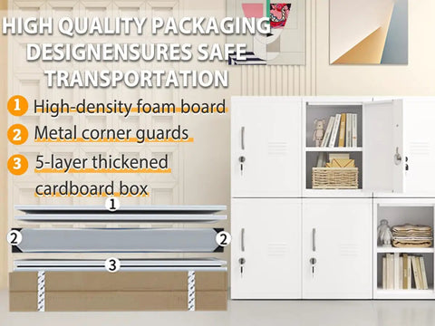 Packaging of 24.4 Inch High Metal Locker Cabinet With One Door And Adjustable Shelves, showing foam boards, corner guards, and boxes