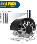 Office chair casters, 5-pack, front view; black housing with silver hub, 7/16 inch stem, 2-3/8 inch wheel diameter.