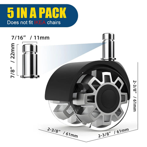 Office chair casters, 5-pack, front view; black housing with silver hub, 7/16 inch stem, 2-3/8 inch wheel diameter.