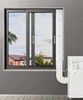 Portable AC Window Vent Kit With Five Point Nine Inch Exhaust Hose Universal Coupler And Adjustable Window Seal For Sliding Vertical Or Horizontal Windows Four Piece Set No Fuss Easy Install attached to window