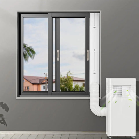 Portable AC Window Vent Kit With Five Point Nine Inch Exhaust Hose Universal Coupler And Adjustable Window Seal For Sliding Vertical Or Horizontal Windows Four Piece Set No Fuss Easy Install attached to window