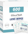 Wowflash 600-count lens wipes box; pre-moistened, individually wrapped eyeglass cleaner wipes