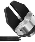 Angled front view of a 2-inch, 2-jaw pen drilling lathe chuck with 1x8TPI thread; silver body, black jaws, and two small handles.