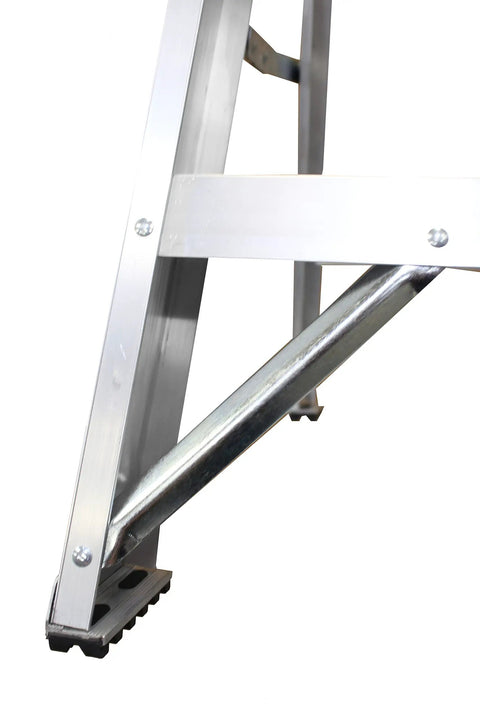 Rock Solid 2 Step Aluminum Work Stool, Heavy Duty Industrial Step Ladder With 300 Pound Load Rating, sturdy aluminum frame detail.