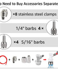 Ball Lock Quick Disconnect Set for Home Brewing Kegs With Five Sixteenths Gas Barbs and One Quarter Inch Liquid Barbs Includes Stainless Steel Hose Clamps For Secure Connections and Easy Keg System Upgrades, 4 barb fittings and clamps