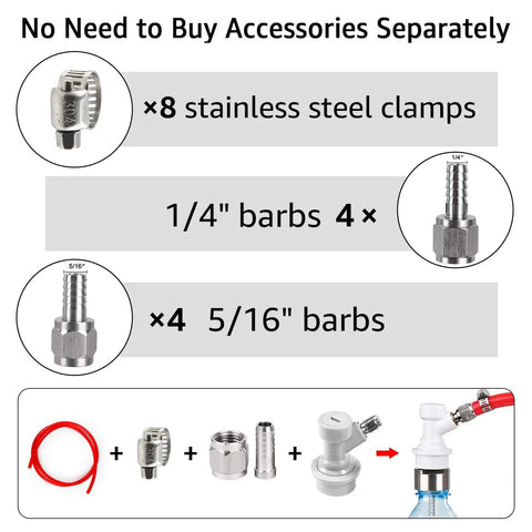 Ball Lock Quick Disconnect Set for Home Brewing Kegs With Five Sixteenths Gas Barbs and One Quarter Inch Liquid Barbs Includes Stainless Steel Hose Clamps For Secure Connections and Easy Keg System Upgrades, 4 barb fittings and clamps
