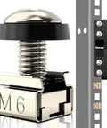 Badass M6 Cage Nuts With 16mm Screws For Rack Mount Server Cabinets And Network Gear Nickel Plated Rust Resistant Server Rack Hardware 100 Piece Set No Sweat Install Setup close-up of M6 cage nut with screw in rack