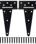 8 Inch T Strap Gate Hinges Heavy Duty Black Powder Coated Iron Set Of 2 with screws for barn doors and fences.