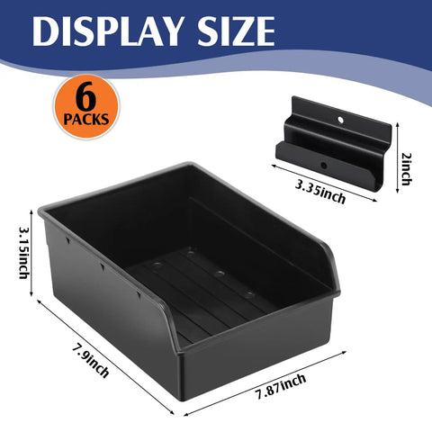 Six Pack Slatwall Bins With Hooks Set For Wall Mounted Storage And Organization Of Tools Accessories Office Garage And Workshop Gear In Black Finish Kit, displaying size dimensions.