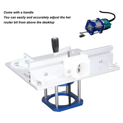 Must Have Router Table Lift Kit Featuring Smooth Adjustable Aluminum Platform And No Sweat Install Woodworking Insert Base Plate For 64mm To 65mm Routers, showing precise height adjustment with handle.