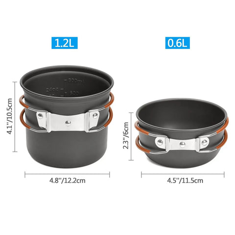 All In One Camping Gear Cookware Set With Mini Stove Pots in 1.2L and 0.6L sizes, featuring foldable handles.