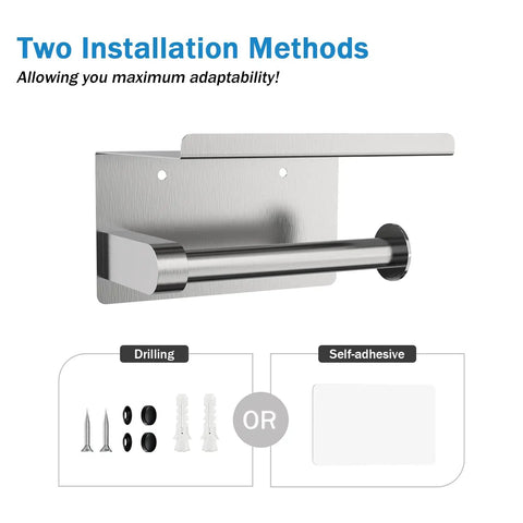 Toilet Paper Holder With Phone Shelf, Self Adhesive Or Screw In Wall Mount, Rustproof Bathroom Tissue Dispenser, two install methods