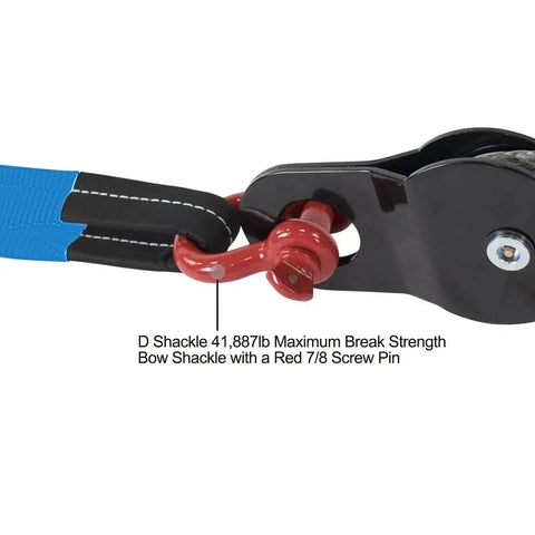 Beefy Recovery Kit With 3 Inch By 30 Foot Tow Strap 14000 Lbs Load And Half Inch Soft Shackle Rope Synthetic Tow Recovery Strap 38000 Lbs Plus 8 Ton Snatch Block Red Winch, red screw-pin shackle connected to strap