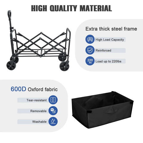 Collapsible Foldable Wagon With Wheels For Beach, Garden, Shopping And Outdoor Use, Heavy Duty Utility Cart, steel frame, fabric basket
