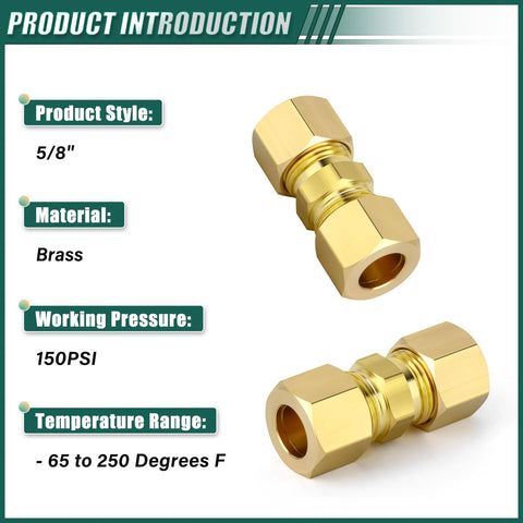 Brass compression tube coupler 5/8 in x 5/8 in with hex ends, shown in front and side views.
