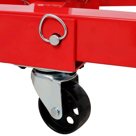Close-up of locking caster wheel on Heavy Duty 1500 Lbs Engine Stand Featuring Smooth Geared 360 Spin Foldable Motor Hoist.