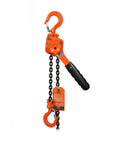 Pro Level Smooth Operator Mini Lever Chain Hoist Half Ton Ratchet Block With 5 Foot G80 Chain Heavy Duty Puller shown in orange.
