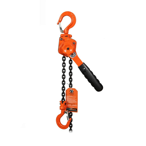 Pro Level Smooth Operator Mini Lever Chain Hoist Half Ton Ratchet Block With 5 Foot G80 Chain Heavy Duty Puller shown in orange.