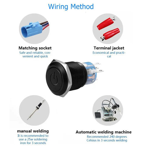Wiring methods for 19mm Latching Pushbutton Switch With Dope Blue 12V LED Power Symbol 1NO 1NC SPDT On Off Toggle Switch