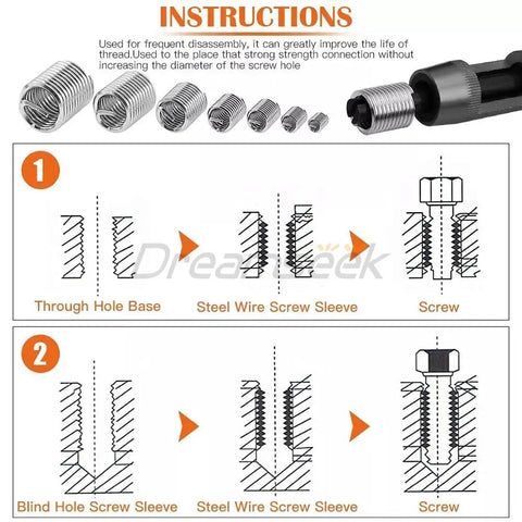 Instructions for Grab This Awesome 116 Piece Helicoil Thread Inserts And Self Tapping Assortment Kit Covering M3 To M12 Sizes showing installation steps.