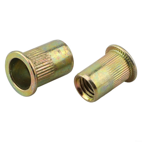 210 Piece Zinc Plated Flat Head Rivet Nut Set With 6 Metric Sizes M5 M6 M8 M10 And More, Heavy Duty Carbon Steel Fastener Kit For Automotive, Metalworking, And DIY Projects, two zinc-plated rivet nuts
