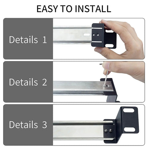 All In One 19 Inch DIN Rail Chassis Bracket Kit For 35mm DIN Mounted Gear installation details, hand installing bracket in cabinet