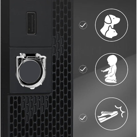 Transparent button cover on black panel, part of 32 Piece Elevator Button Covers Set Easy Fit Keeps It Clean With Dustproof Waterproof And Oil Proof Switch Protectors Clear Plastic Push Button Caps For Washing Machines And Elevators Kid Safe Durable Guard.