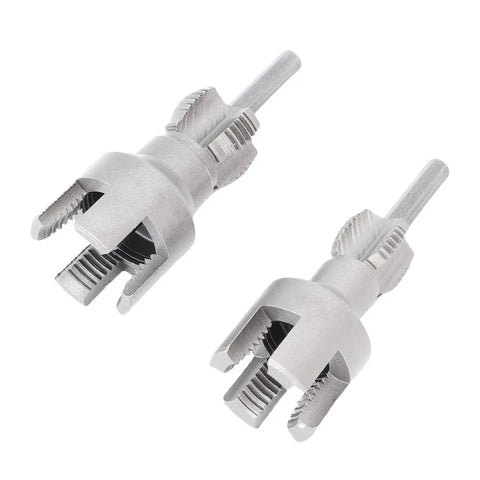Two In One Pipe Threading Tool For Internal And External Threads With Quick Change Die Kit And One Half Inch And Three Quarter Inch Dies For DIY Home Repair And Pipe Maintenance For Home Projects, two silver dies