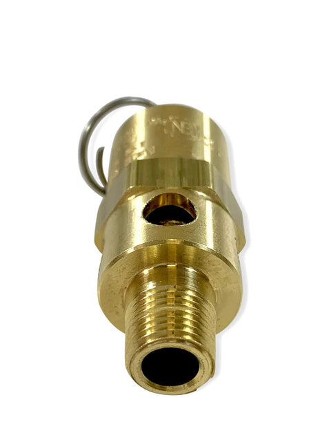 Brass 1/8 NPT industrial hard-seat safety pressure relief valve, front view with threaded outlet, USA-made