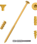 50 Pc Deck Screws Set, 5 Inch #10 Self Drilling Wood Screws With Rust Resistant Coating, Star Torx Drive bits, close-up view.