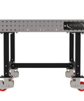 Pro Grade Welding Fixture Table Mobile Steel Workbench Laser Cut Precision Holes with black steel frame and smooth rolling casters.