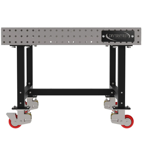 Pro Grade Welding Fixture Table Mobile Steel Workbench Laser Cut Precision Holes with black steel frame and smooth rolling casters.