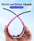 Hands holding pink Polarized Sports Sunglasses With UV 400 Protection For Women And Men, showcasing flexible TR+PC material frame.