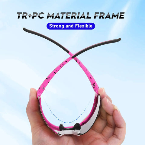 Hands holding pink Polarized Sports Sunglasses With UV 400 Protection For Women And Men, showcasing flexible TR+PC material frame.