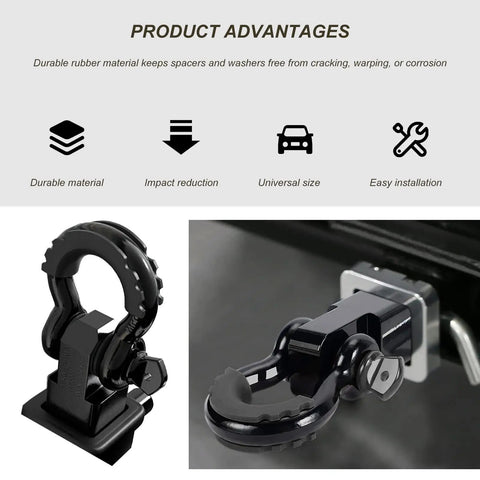 D Ring Shackle Isolators Washers Kit For Off Road Shackle Protectors Rubber Cushions displayed on a towing hitch