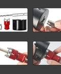 Heavy Duty Manganese Steel Hole Saw Arbor Adapter With 10mm Hex Shank Quick Swap Shaft showing tool components and assembly process.