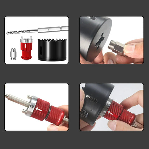 Heavy Duty Manganese Steel Hole Saw Arbor Adapter With 10mm Hex Shank Quick Swap Shaft showing tool components and assembly process.
