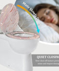 Elongated Rose Gold Marble Resin Toilet Seat for Bathroom with quiet close feature, shown on a standard toilet.