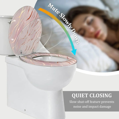 Elongated Rose Gold Marble Resin Toilet Seat for Bathroom with quiet close feature, shown on a standard toilet.