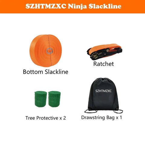 Components of 65ft Ninja Slackline Kit With Ratchet System And Tree Protectors, 500lb Capacity Backyard Set for Kids and Adults