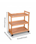 Sturdy Beech Wood Rolling Art Supply Cart With Wide Three Tier Shelves Secure Side Guards And Silky Smooth Wheels, dimensions visible.